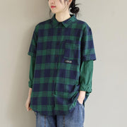 French Blue Green Plaid Tops Women Blouses Lapel False Two Pieces Shirts - SooLinen