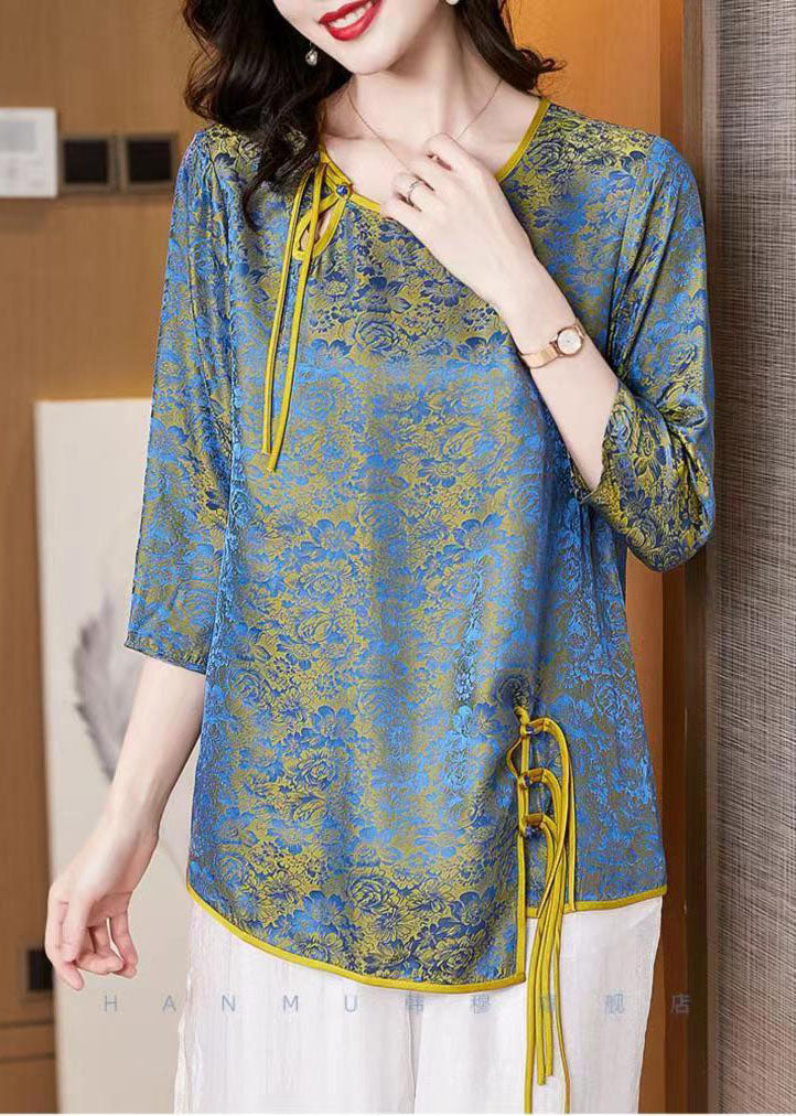 French Blue O-Neck Asymmetrisches Jacquard-Seidenoberteil mit halben Ärmeln