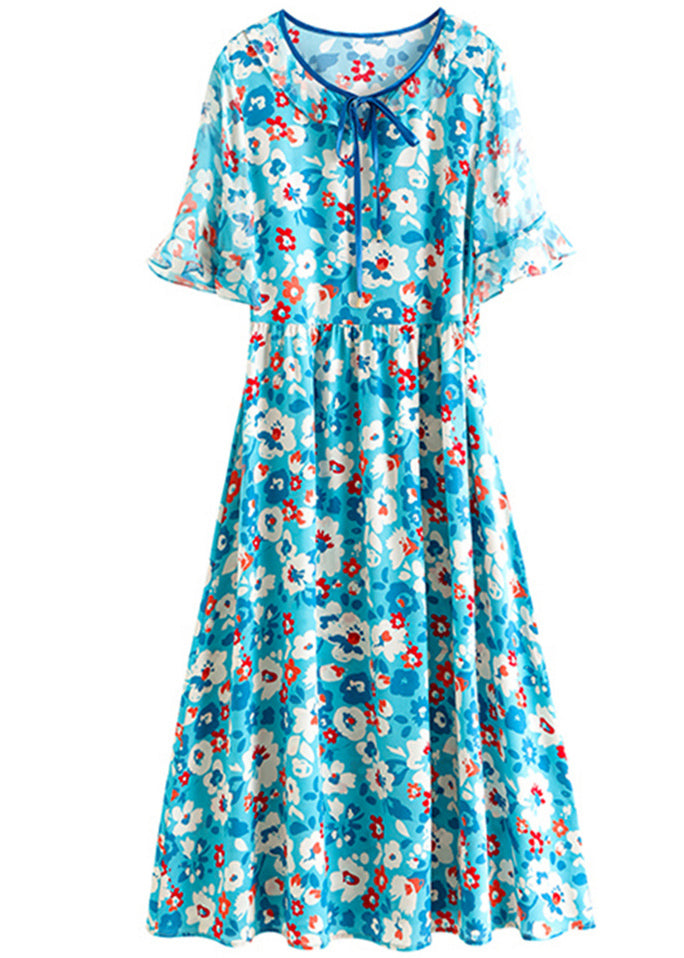 French Blue O-Neck Lace Up Print Silk Beach Dress Short Sleeve