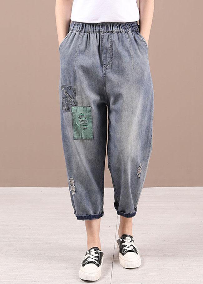 French Blue Patchwork ripped shorts Harem Pants - SooLinen