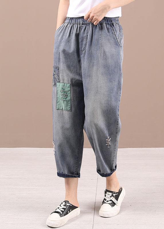 French Blue Patchwork ripped shorts Harem Pants - SooLinen