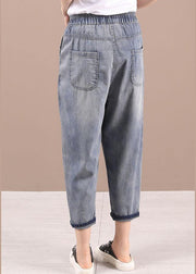 French Blue Patchwork ripped shorts Harem Pants - SooLinen