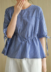 French Blue Plaid Patchwork Drawstring Summer Cotton Half Sleeve Blouse Top - SooLinen