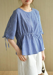 French Blue Plaid Patchwork Drawstring Summer Cotton Half Sleeve Blouse Top - SooLinen