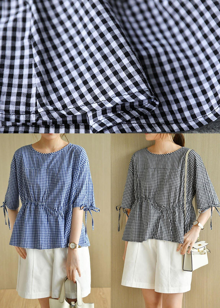 French Blue Plaid Patchwork Drawstring Summer Cotton Half Sleeve Blouse Top - SooLinen