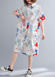 French Blue Print Cotton long shirts Summer Dress - SooLinen