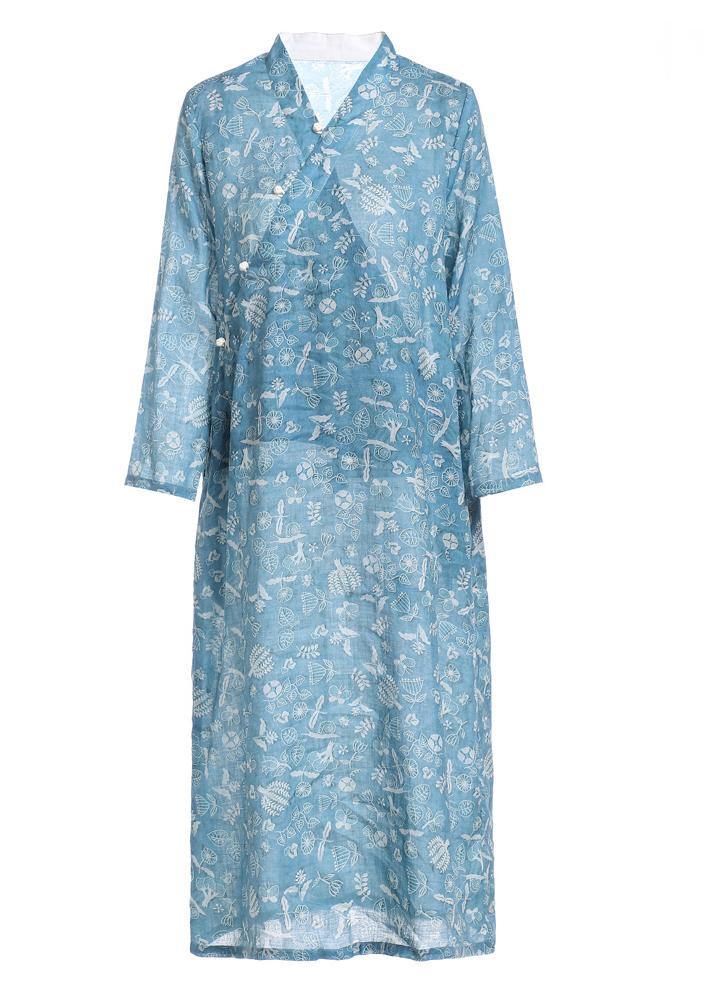 French Blue Print Patchwork Button Summer Ramie Sundress - SooLinen