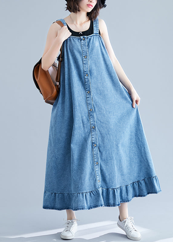 French Blue Ruffles Button Cotton Denim Strap Dress Summer