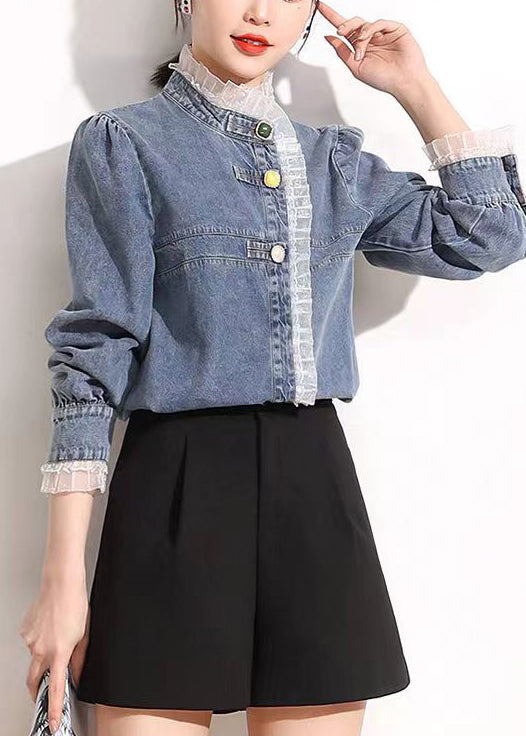 French Blue Stand Collar Asymmetrical Patchwork Lace Cotton Denim Coats Long Sleeve