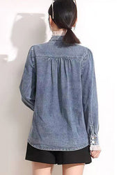 French Blue Stehkragen Asymmetrische Patchwork-Spitze Baumwoll-Denim-Mäntel mit langen Ärmeln