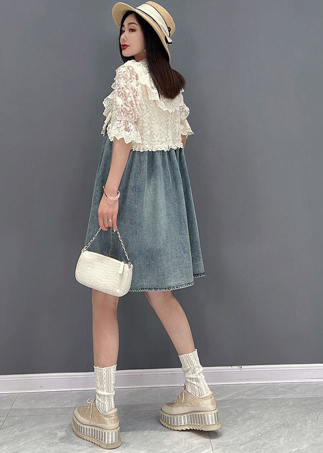 French Blue Stand Collar Hollow Out Lace Patchwork Cotton Denim Mid Dresses Short Sleeve