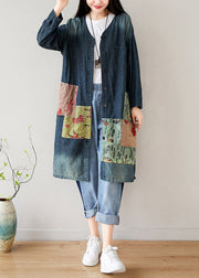 French Blue V Neck Pockets Patchwork denim coats Spring