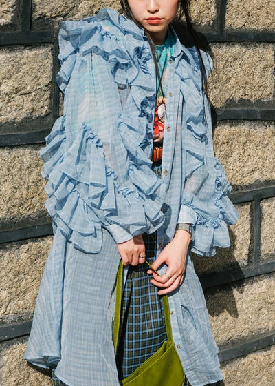 French Blue Wrinkled Ruffled Summer Chiffon Shirts Long Sleeve - SooLinen