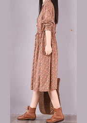 French Brown Print Dresses Lapel Drawstring Maxi Spring Dress - SooLinen