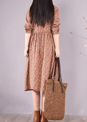 French Brown Print Dresses Lapel Drawstring Maxi Spring Dress - SooLinen