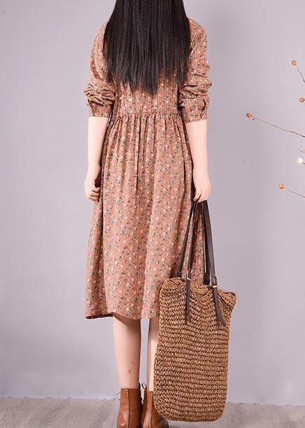 French Brown Print Dresses Lapel Drawstring Maxi Spring Dress - SooLinen