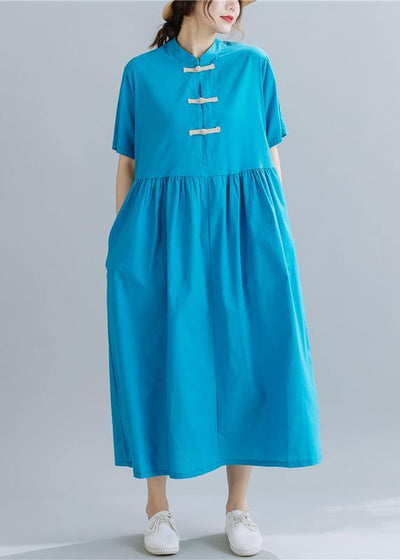 French Chinese Button linen summerWardrobes Wardrobes blue sttand collar Dress - SooLinen