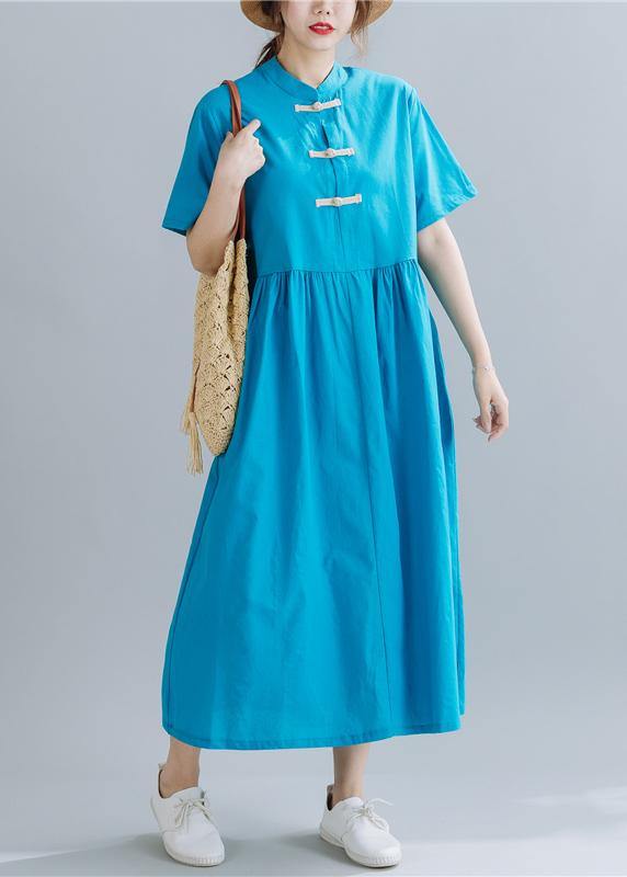 French Chinese Button linen summerWardrobes Wardrobes blue sttand collar Dress - SooLinen