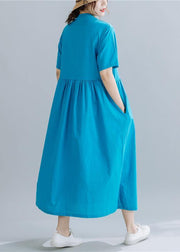 French Chinese Button linen summerWardrobes Wardrobes blue sttand collar Dress - SooLinen