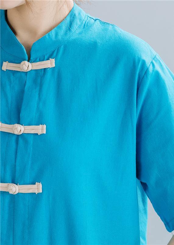 French Chinese Button linen summerWardrobes Wardrobes blue sttand collar Dress - SooLinen