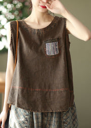 French Chocolate O-Neck Patchwork Linen Tank Tops Sleeveless