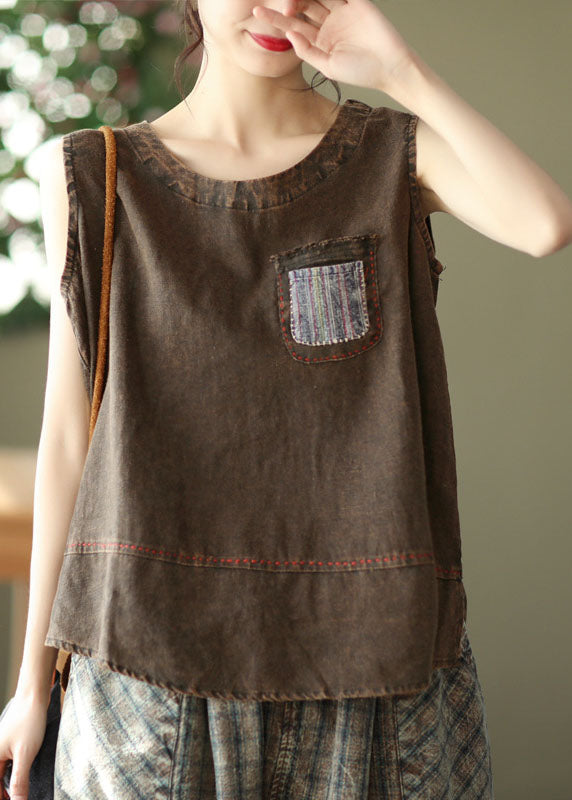 French Chocolate O-Neck Patchwork-Leinen-Tanktops ärmellos