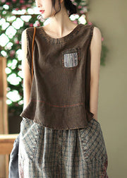 French Chocolate O-Neck Patchwork-Leinen-Tanktops ärmellos