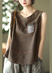 French Chocolate O-Neck Patchwork-Leinen-Tanktops ärmellos