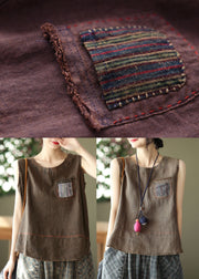 French Chocolate O-Neck Patchwork-Leinen-Tanktops ärmellos