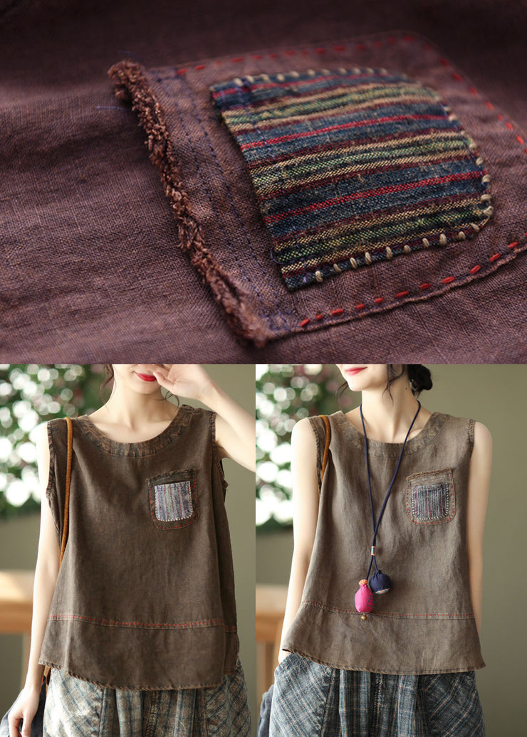 French Chocolate O-Neck Patchwork-Leinen-Tanktops ärmellos