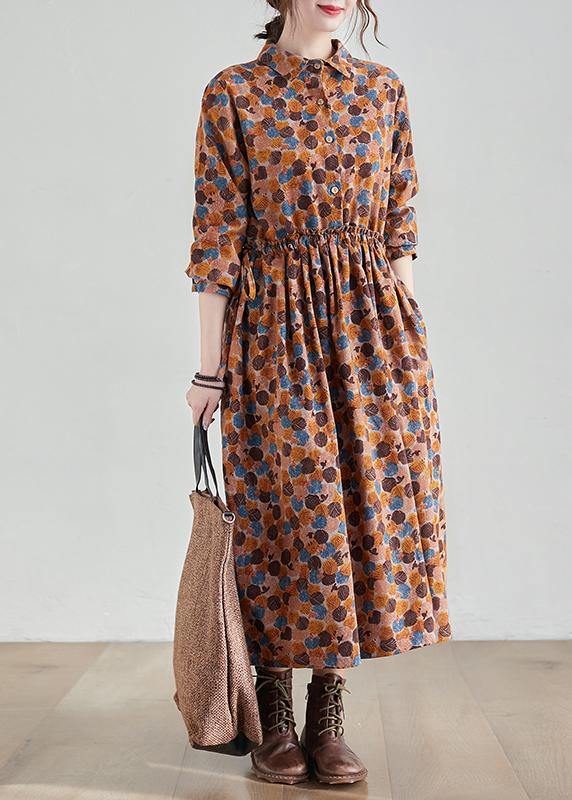 French Chocolate Print Long Lapel Cinched Traveling Spring Dresses - SooLinen