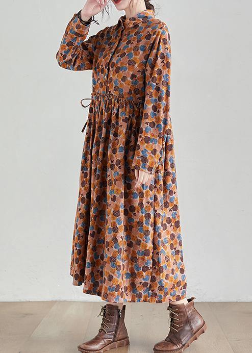 French Chocolate Print Long Lapel Cinched Traveling Spring Dresses - SooLinen