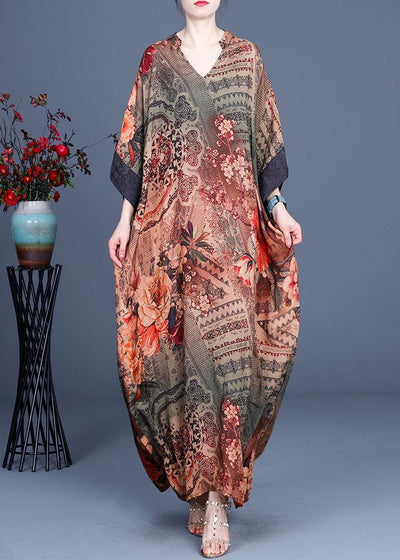 French Chocolate Print V Neck Oversize Summer Silk Long Dress - SooLinen