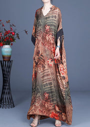 French Chocolate Print V Neck Oversize Summer Silk Long Dress - SooLinen