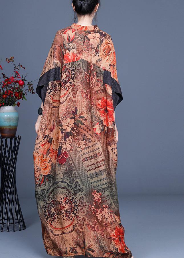 French Chocolate Print V Neck Oversize Summer Silk Long Dress - SooLinen