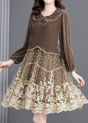 French Chocolate Embroideried Patchwork Velour Long Dresses Winter