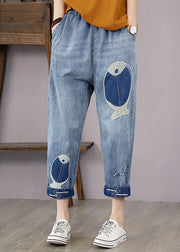 French Denim Blue Elastic Waist Fish Embroideried Pockets Cotton Harem Pants Summer