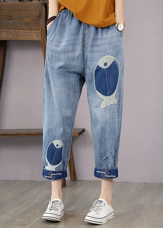 French Denim Blue Elastic Waist Fish Embroideried Pockets Cotton Harem Pants Summer