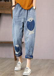 French Denim Blue Elastic Waist Fish Embroideried Pockets Cotton Harem Pants Summer