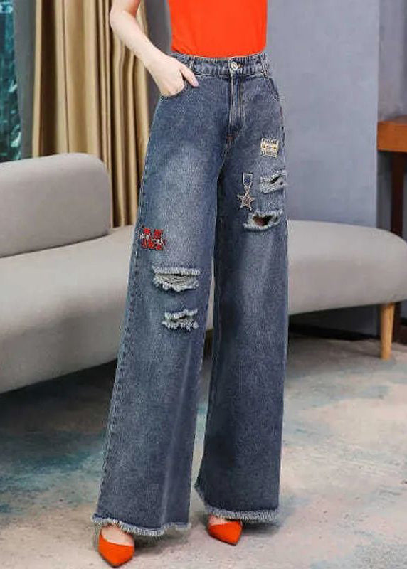 French Denim Blue High Waist Hole Embroideried Pockets Cotton Wide Leg Pants Spring