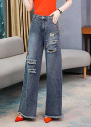 French Denim Blue High Waist Hole Embroideried Pockets Cotton Wide Leg Pants Spring