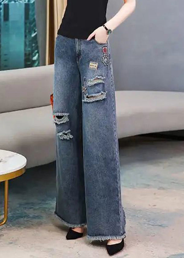 French Denim Blue High Waist Hole Embroideried Pockets Cotton Wide Leg Pants Spring