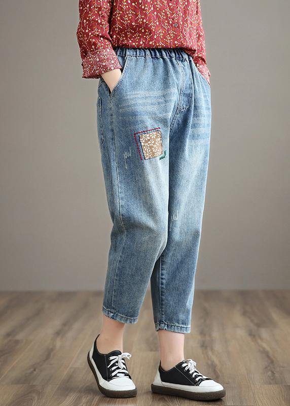 French Denim Blue High Waist Plus Size Clothing Spring Elastic Waist Patchwork Women Trousers - SooLinen