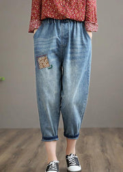 French Denim Blue High Waist Plus Size Clothing Spring Elastic Waist Patchwork Women Trousers - SooLinen