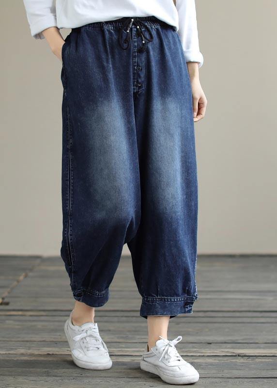 French Denim Blue Pants Plus Size Spring Elastic Waist Pockets Inspiration Women Pants - SooLinen