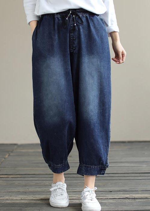 French Denim Blue Pants Plus Size Spring Elastic Waist Pockets Inspiration Women Pants - SooLinen