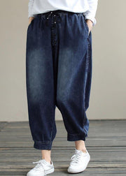 French Denim Blue Pants Plus Size Spring Elastic Waist Pockets Inspiration Women Pants - SooLinen