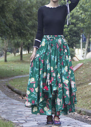 French Green Asymmetrical Print Skirts Spring