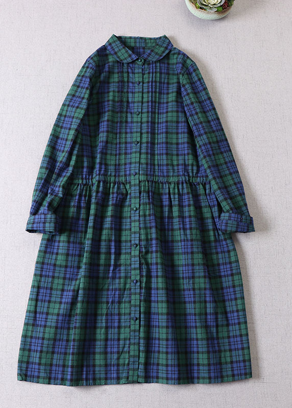 French Green Cinched Plaid Cotton Maxikleider Frühling