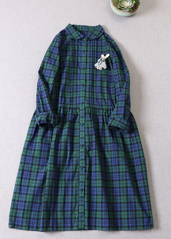 French Green Cinched Plaid Cotton Maxikleider Frühling